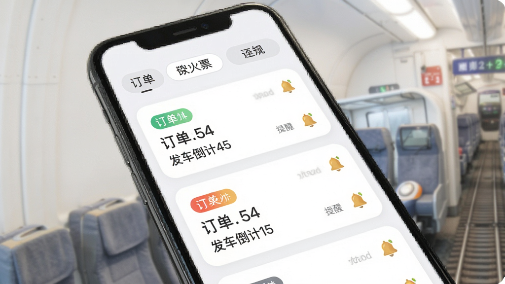 铁路火车票订票订单管理界面,主体为手机屏幕展示订单列表,布局为顶部状态筛选标签加下方订单卡片流,排版为卡片式纵向排列,风格为柔和圆角设计,细节包含订单状态彩色标签、发车倒计时、提醒铃铛图标,画质清晰干净无多余元素