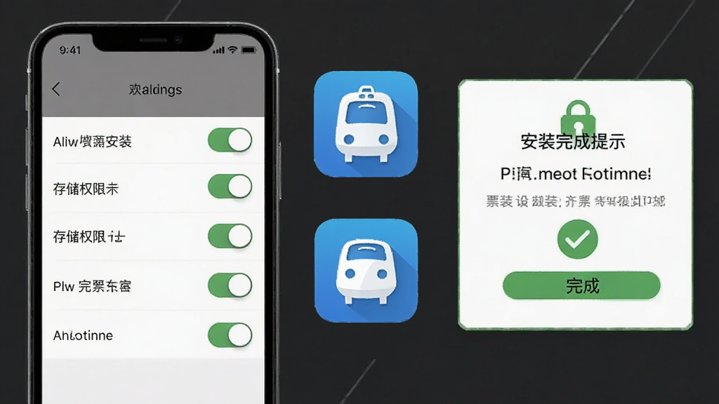 铁路火车票订票安装与权限设置示意图,主体为手机设置界面与软件图标并列展示,布局为左侧权限开关列表右侧安装完成提示,排版为分栏对照,风格为教程图解风,细节包含允许安装开关、存储权限条目、绿色完成对勾,画质清晰干净无多余元素