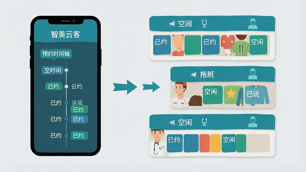 一张扁平化风格的功能示意图,画面左侧是一部手机,屏幕上显示“智美云客”的预约时间轴,右侧是三位技师的排班卡片,卡片上用色块标出已约和空闲时段,中间有箭头表示拖拽调整,背景为浅灰色,整体排版整齐,蓝绿色调,细节清晰,画质干净,无多余装饰元素