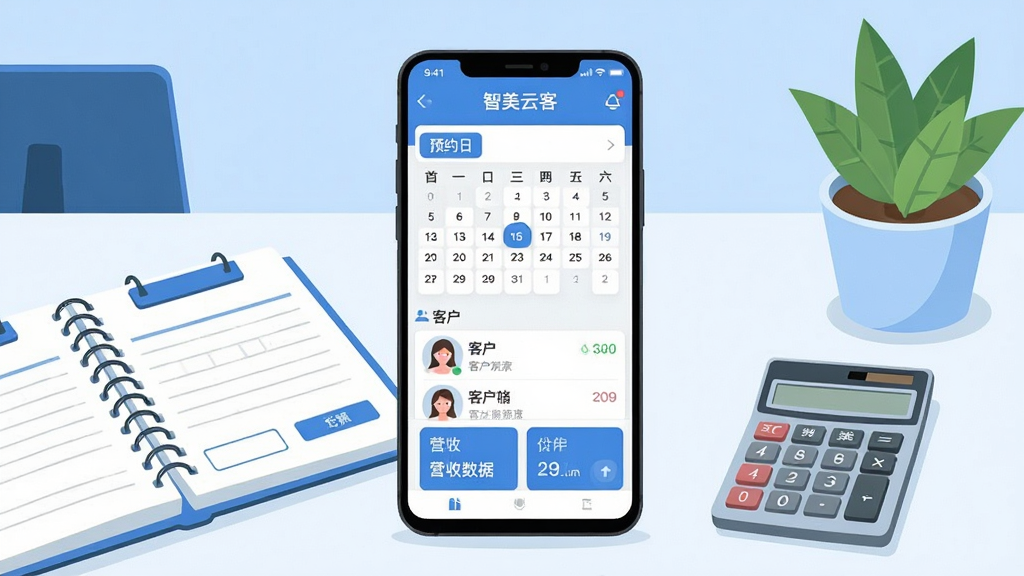 画面中央是一部竖屏安卓手机,手机屏幕上显示“智美云客”门店管理应用的主界面,界面包含预约日历、客户列表和营收数据卡片,手机周围布置着美容院前台常见的预约本、计算器和一盆绿植,整体采用清爽的蓝白配色,扁平化插画风格,构图简洁居中,细节干净利落,画质清晰,无多余杂乱元素