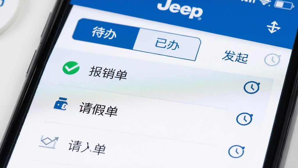 一部手机屏幕特写,显示Jeep应用的审批流程界面,有