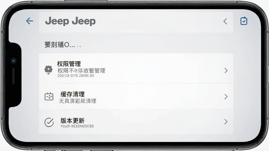 一张手机界面截图风格的图片,展示Jeep应用的设置页面,包含权限管理、缓存清理、版本更新等选项,画面以手机屏幕为主体,背景为浅灰渐变,风格简洁实用,布局清晰,细节干净,无多余元素
