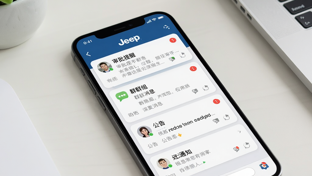 一部手机显示Jeep消息中心界面,屏幕上有多个消息卡片,包括审批提醒、群组消息、公告通知,卡片带有头像和未读红点,背景为浅色办公桌面,风格现代简约,布局层次分明,细节清晰,画质干净