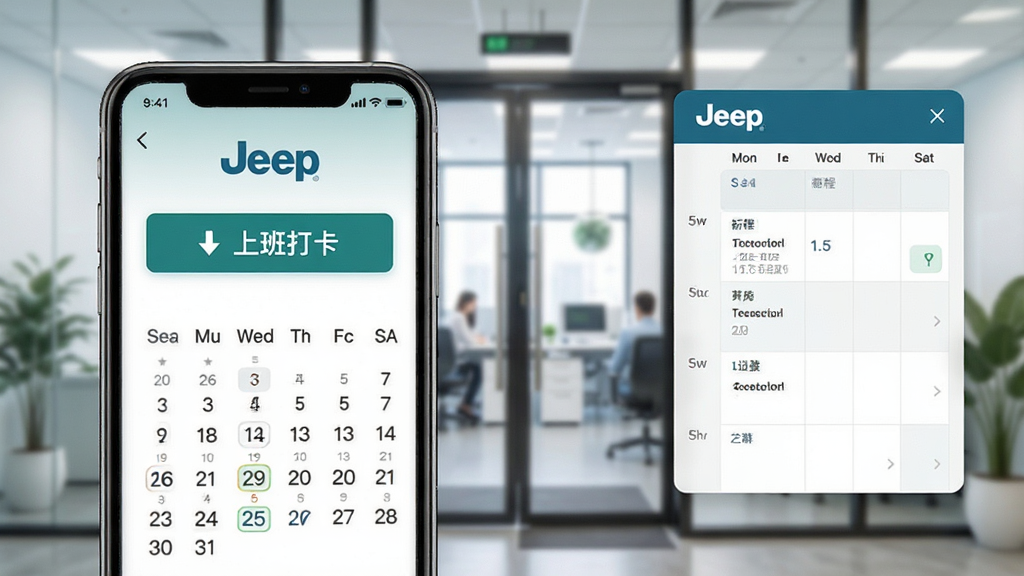 手机屏幕展示Jeep考勤打卡页面,界面中有