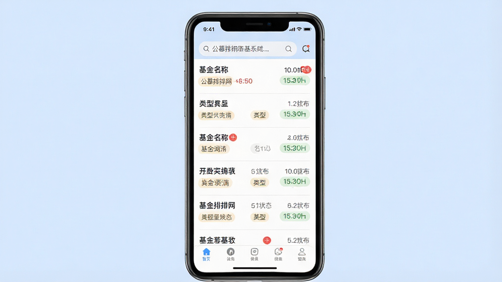 一张应用功能展示图,主体为手机屏幕中呈现公募排排网的新基金发行列表页,页面包含基金名称、类型标签与募集状态标识;布局为手机正面展示,背景为柔和浅蓝;排版上信息条目纵向排列,层次分明;风格为简洁移动端UI风格;细节包括状态角标、列表分隔线与底部导航;画质高清,画面干净,无多余元素