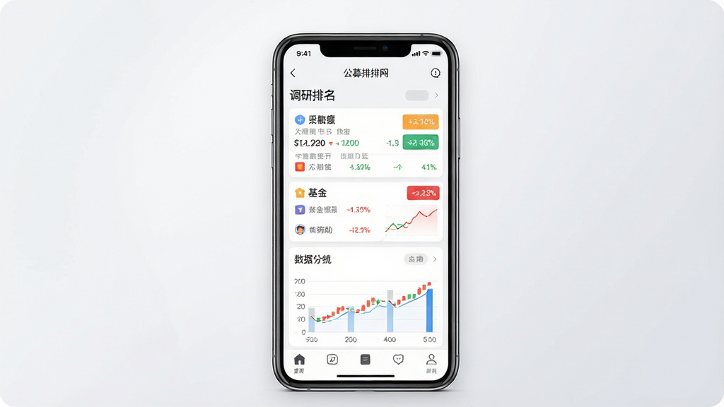 一张手机应用界面展示图,主体是一部竖屏智能手机,屏幕中显示公募排排网的基金数据列表页面,包含调研排名、基金卡片与数据图表元素;布局为手机居中放置,背景为浅灰渐变;排版上手机屏幕内容清晰突出,周围留白干净;风格为现代扁平化UI展示风格;细节包括屏幕内的榜单条目、涨跌色块与导航栏图标;画质高清,画面干净,无多余元素