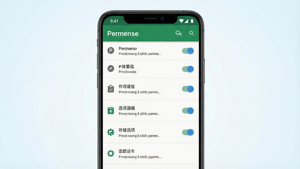 一张手机安全设置界面示意图,主体为安卓手机屏幕展示应用权限管理页面,画面中包含权限开关与存储选项;布局为手机居中,背景为浅色渐变;排版清晰,权限条目纵向排列;风格为系统设置界面写实风;细节包括开关按钮、权限图标与提示文字;画质高清,画面干净,无多余元素
