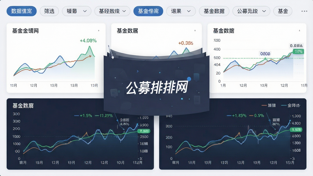 一张数据可视化界面图,主体为多层基金数据卡片与折线图组合,画面中央显示公募排排网的基金对比模块;布局为上下分层,上方为筛选标签栏,下方为数据图表区;排版整齐对称;风格为清爽商务数据风;细节包含折线走势、百分比数值与基金名称标签;画质清晰,画面干净,无多余元素