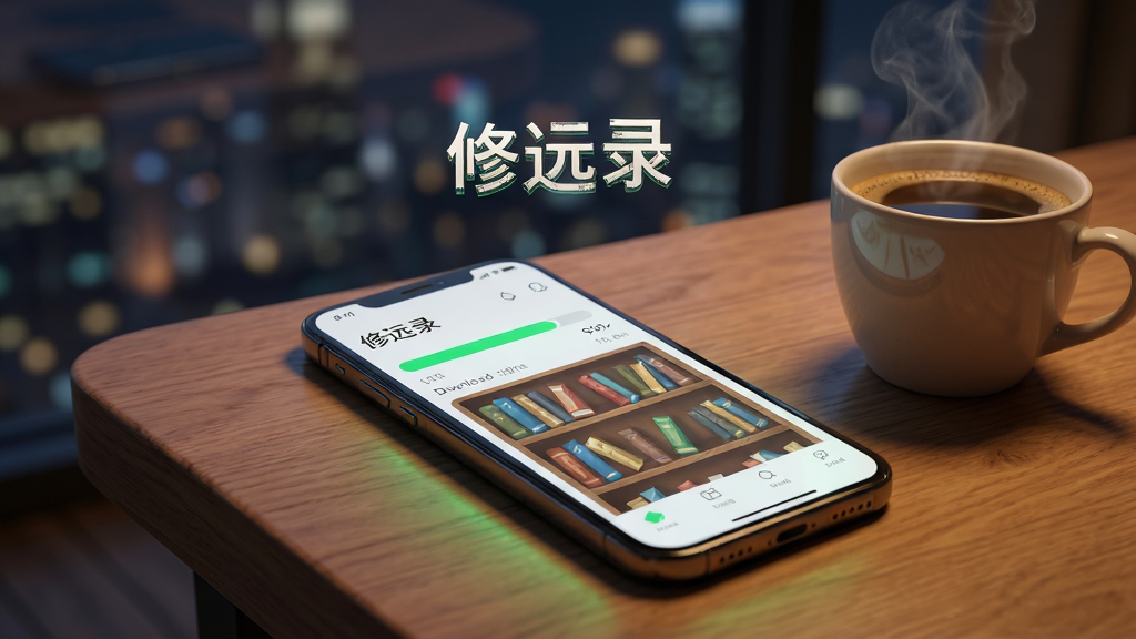 画面展示一部智能手机放置在木质桌面上,屏幕中显示着下载进度条与书架界面,手机旁有一杯冒热气的咖啡。背景是模糊的窗外城市夜景。布局上手机位于画面视觉中心,采用微倾斜视角。风格为温馨写实风,细节上手机屏幕的光映在桌面上,进度条呈现明亮的绿色,书架图标整齐排列。画质高清,画面干净,无多余杂物,突出离线缓存与云端同步的实用场景,手机屏幕上方浮现“修远录”字样。