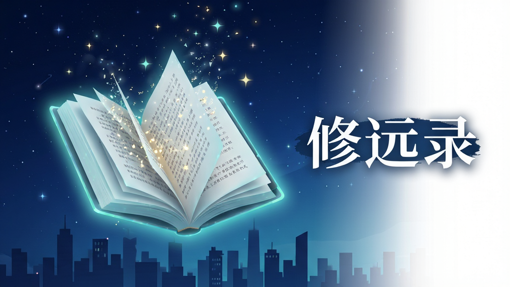 画面主体为一本悬浮在空中的发光电子书,书页翻动间飘出文字与星光,背景是深蓝渐变色的浩瀚星空与城市剪影。布局上书本居中偏左,右侧留白处排版“修远录”三个大字。风格为现代数字艺术与奇幻风结合,细节上书本边缘带有柔和的蓝绿色光晕,文字粒子缓缓上升。画质高清,画面干净,无多余元素,整体营造出静谧而深邃的阅读氛围。