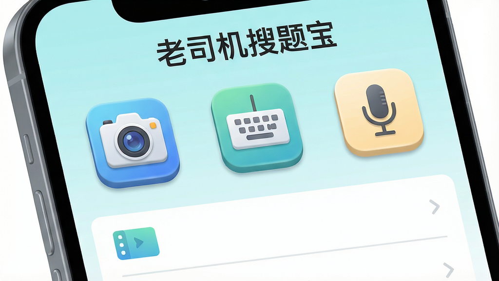 画面主体是一部手机屏幕特写,屏幕上并排展示三个功能入口图标,分别是相机图标、键盘图标和麦克风图标,下方是搜索结果列表;布局为竖向排列,图标在上结果在下;排版中软件名称“老司机搜题宝”以标题文字形式出现在屏幕顶部;风格为简洁UI界面插画,配色清爽;细节上图标带有轻微立体感、列表条目有分隔线;画质高清,画面干净,无多余元素