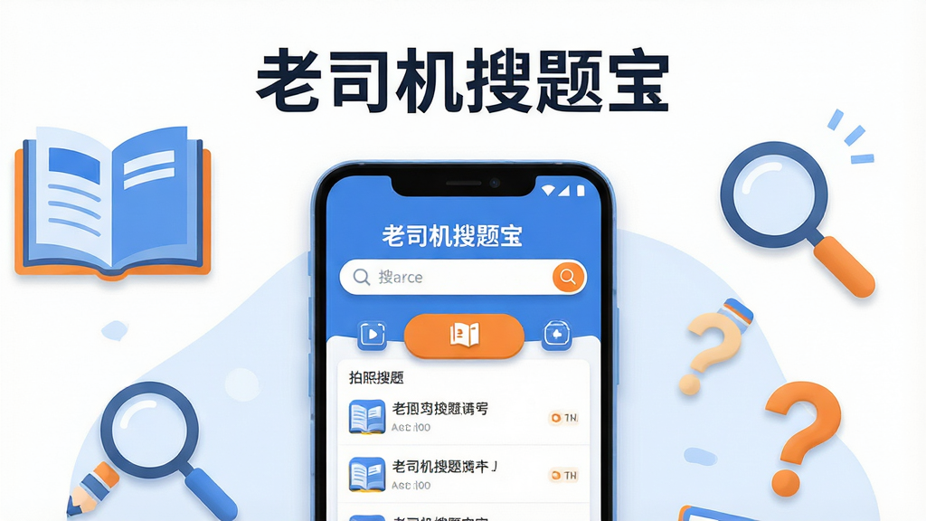 画面主体是一部安卓手机,手机屏幕中央展示“老司机搜题宝”应用的主界面,界面中有搜索框、拍照搜题按钮和题目列表;手机周围以扁平化插画风格布局书本、铅笔、放大镜和问号图标;整体排版为居中构图,上方留白放置软件名称文字;风格为清爽的现代扁平插画,配色以蓝白为主辅以橙色点缀;细节上屏幕内容清晰、图标圆润、阴影柔和;画质高清,画面干净,无多余元素