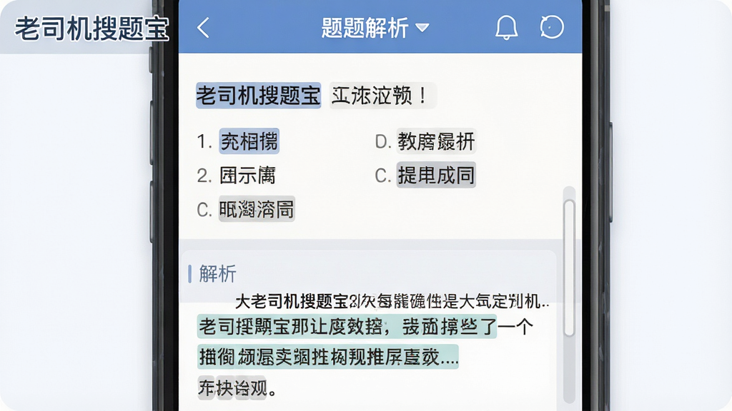 画面主体是一部手机屏幕展示题目解析页面,页面上半部分是题目和选项,下半部分是解析文字区域,有重点标记线;布局为上下结构,题目在上解析在下;排版中软件名称“老司机搜题宝”以角标形式出现在屏幕左上角;风格为教育类APP界面插画,配色以蓝灰为主;细节包括文字排版工整、重点词有底色高亮、滚动条暗示;画质高清,画面干净,无多余元素