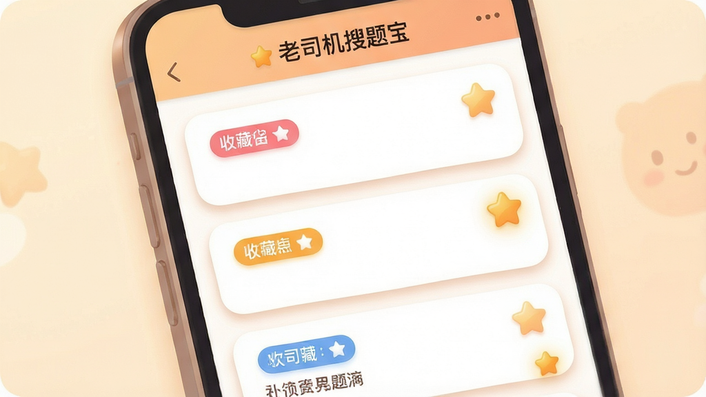 画面主体是手机屏幕展示收藏夹界面,界面上有多个题目卡片,每个卡片带有彩色标签和收藏星标;布局为列表式滚动排版,卡片整齐排列;排版上软件名称“老司机搜题宝”出现在屏幕顶部导航栏;风格为柔和圆角卡片UI插画,配色温暖;细节包括卡片阴影、标签颜色区分、星标高亮;画质清晰,画面干净,无多余元素