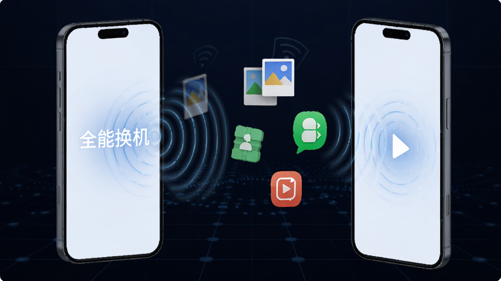 一部手机屏幕显示“全能换机”字样并发出环形信号波纹,另一部手机接收信号,两者之间悬浮着照片、通讯录、视频等图标,背景为深蓝色科技网格,风格现代简约,画质清晰,无多余元素