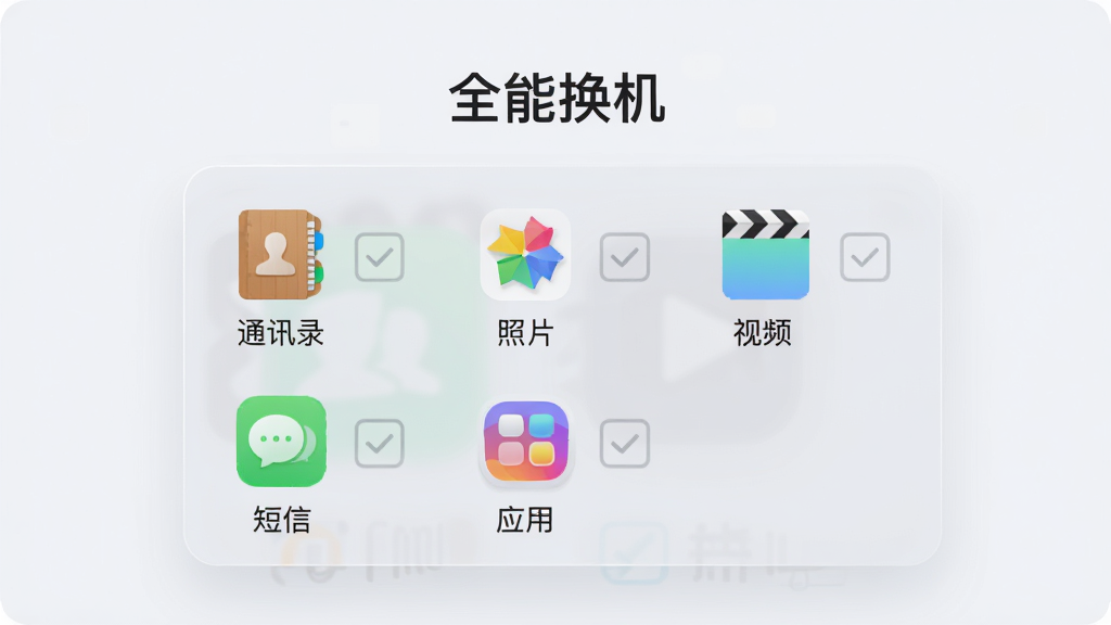 画面展示一个半透明的数据面板,面板上整齐排列着“通讯录”“照片”“视频”“短信”“应用”等分类图标,每个图标旁带有勾选框,面板上方写有“全能换机”字样,背景为柔和的浅灰白色,风格扁平化设计,细节精致,画质干净