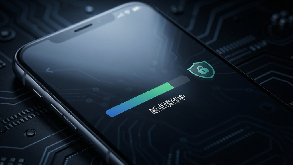一部手机屏幕显示传输进度条与“断点续传中”字样,进度条旁有盾牌图标代表安全校验,背景为深色科技风格,光线聚焦于手机屏幕,细节锐利,画质干净