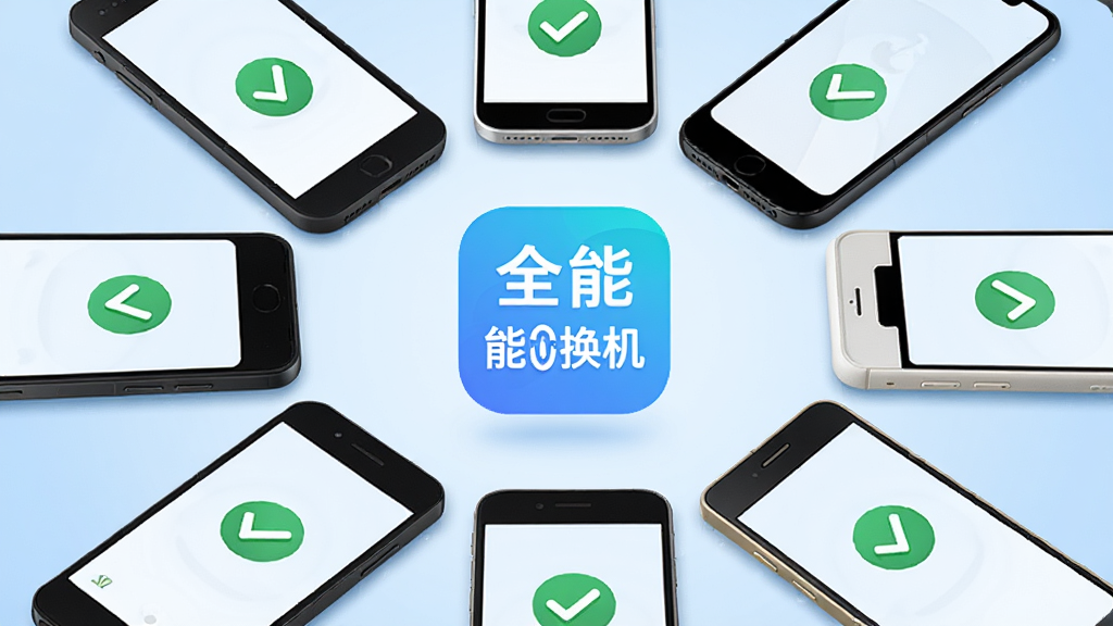 多部不同品牌手机围成一圈,圈中心悬浮着“全能换机”的软件图标,各手机屏幕显示连接成功的对勾标记,背景为浅蓝色渐变,风格友好亲和,细节清晰,画质干净,无多余元素