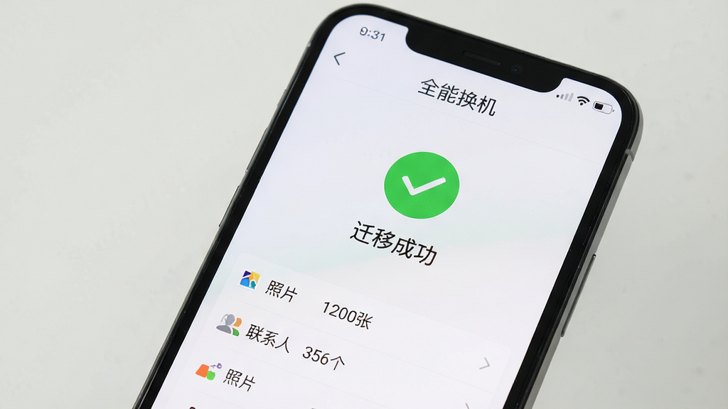 一部手机屏幕显示“全能换机”传输完成页面,页面中央为绿色对勾与“迁移成功”字样,下方列出“照片 1200张”“联系人 356个”等统计信息,背景为浅色简洁风格,细节清晰,画质干净,无多余元素