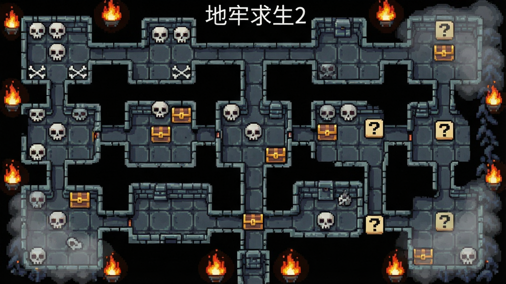主体为一张俯视视角的像素风格地牢地图,包含多个方形房间与连接走廊,房间内分布着骷髅头图标、宝箱图标与问号事件标记,布局采用网格状展开,风格为复古游戏界面插画,细节包含地图边缘的火焰把守与迷雾遮挡区域,画质干净清晰,画面中标注“地牢求生2”字样