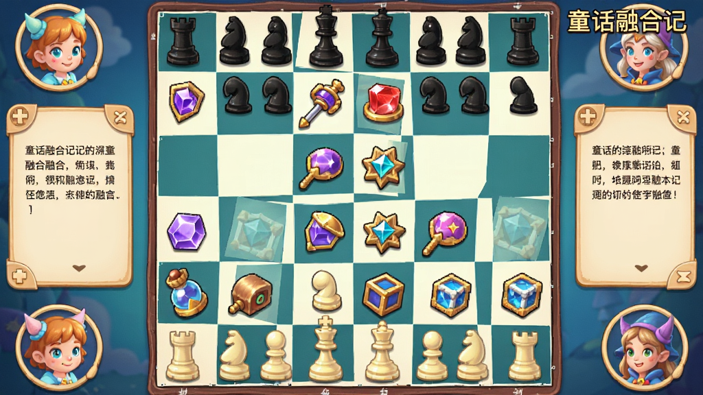 一张俯视视角的合成棋盘界面,棋盘上分布着不同等级的道具图标,边缘有童话角色头像和剧情对话框,整体布局规整,风格为明亮卡通UI,细节精致,画质干净,画面中可出现