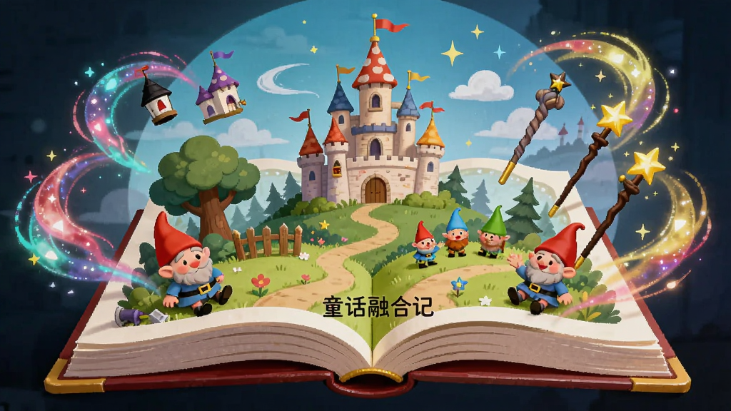 画面中央是一本打开的巨大童话书,书页上漂浮着城堡、森林、小矮人、魔法杖等童话元素,周围有彩色合成光效环绕,整体布局左右对称,风格为清新治愈的卡通插画,细节丰富,画质干净清晰,无多余元素,画面中可出现
