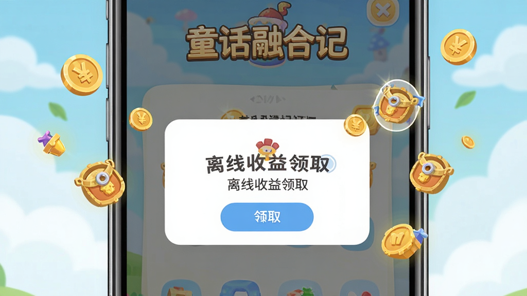 一部手机屏幕特写,屏幕上显示童话融合记的离线收益领取弹窗,周围有金币和道具图标飘出,布局为居中构图,风格为清爽扁平化UI,细节清晰,画质干净,画面中可出现