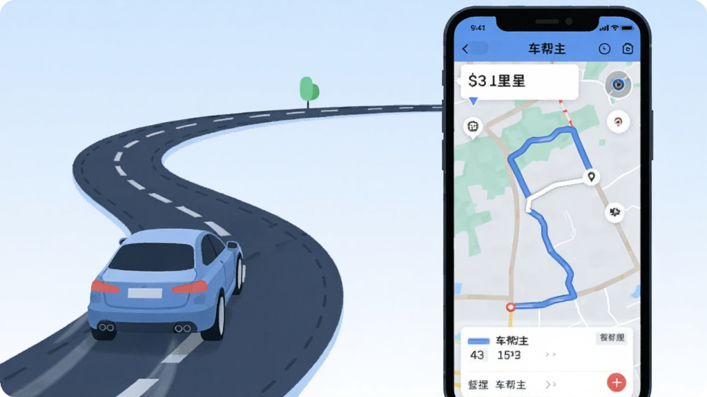 一张横向构图的插画,左侧是一辆汽车行驶在弯曲道路上,道路后方留下虚线轨迹,右侧是一部手机屏幕显示车帮主软件的行程轨迹地图界面,界面中有路线线条和里程数字,背景为浅蓝色渐变,风格简洁现代,扁平插画风,布局左右呼应,细节干净,画质清晰