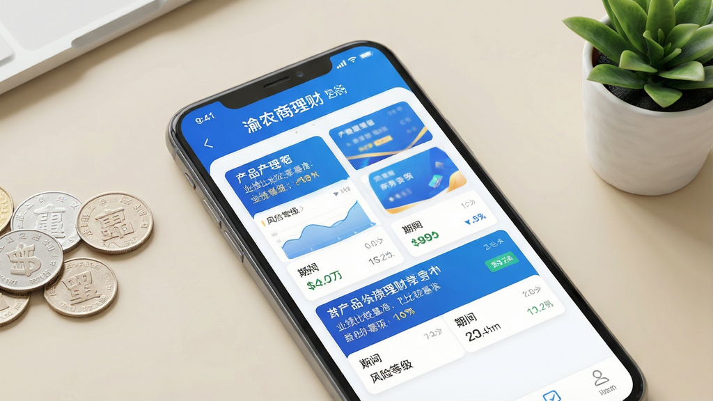 一张展示手机理财APP产品列表页面的场景图,画面主体是一部手机,屏幕显示“渝农商理财”产品超市界面,列表中排列着多款理财产品卡片,每张卡片包含产品名称、业绩比较基准、期限、风险等级等信息,界面配色以蓝白为主,卡片式布局清晰有序。手机置于浅色桌面背景上,旁边点缀几枚硬币和一个小型绿植,营造财富增值氛围。风格为写实产品展示图,细节丰富,画质高清,干净无多余元素。