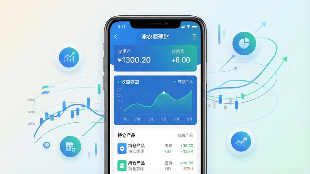 一张展示手机理财APP资产总览页面的场景图,画面中央是一部手机,屏幕显示“渝农商理财”资产看板界面,包含总资产数字、收益曲线图、持仓产品列表等元素,图表以蓝色和绿色为主色调,界面设计简洁现代。手机背景为柔和的浅色渐变,周围有抽象的数据线条和圆形图标点缀,体现数字化财富管理概念。风格为科技感UI展示图,布局清晰,画质细腻,干净无多余元素。