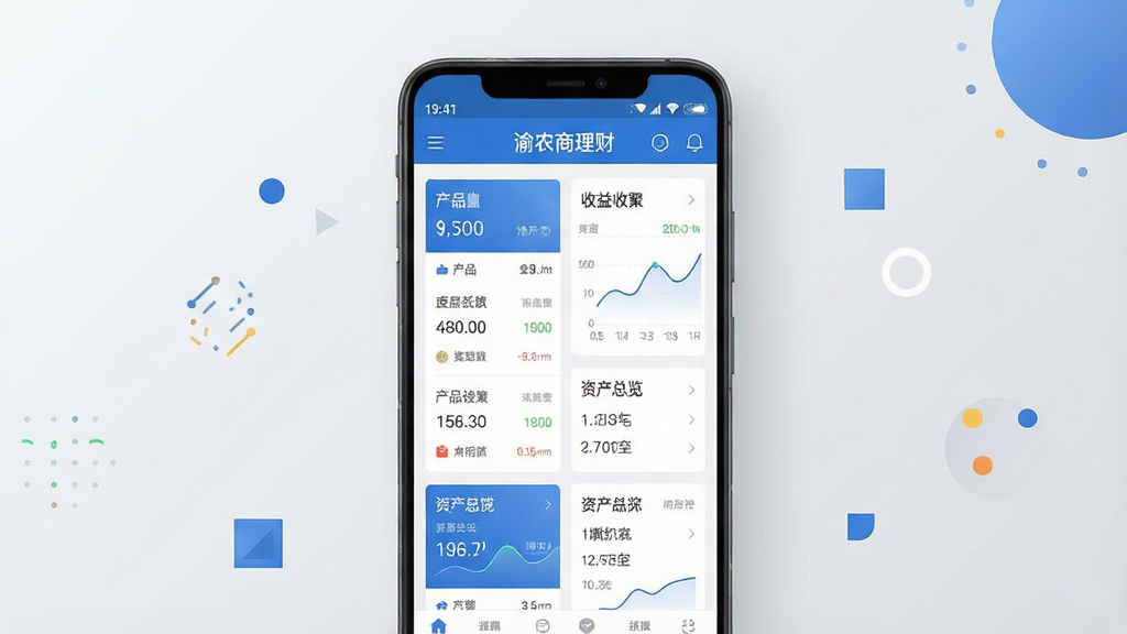一张手机屏幕展示理财APP界面的场景图,画面中央是一部竖放的安卓手机,手机屏幕上显示“渝农商理财”应用主界面,包含产品列表、收益曲线、资产总览等模块,界面风格简洁专业,以蓝色和白色为主色调。手机背景为浅灰色渐变,周围有少量几何图形点缀,整体布局干净利落。风格为现代扁平化UI设计展示图,细节清晰,画质锐利,干净无多余元素。