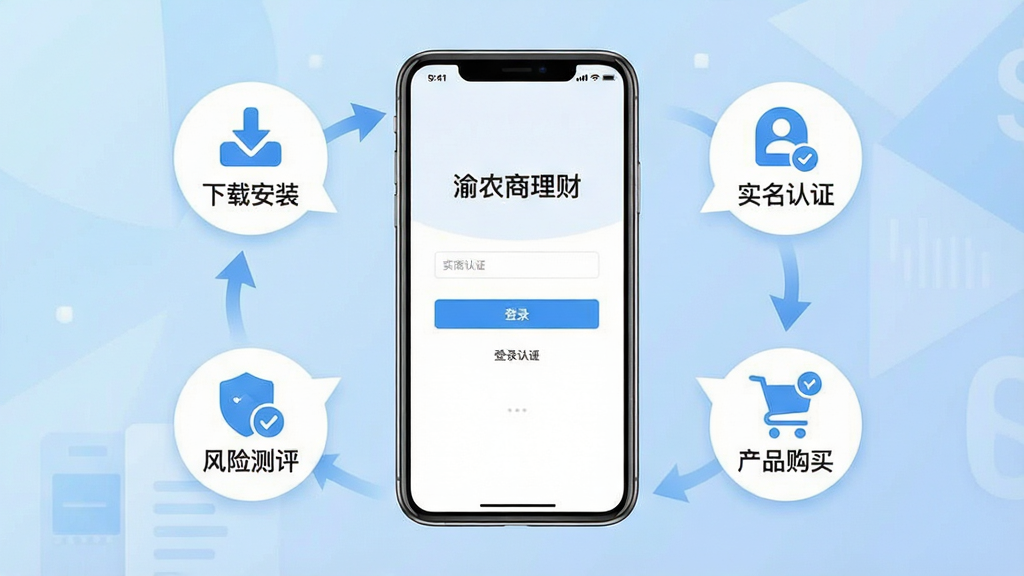 一张展示手机理财APP操作指引的示意图,画面以一部手机为中心,屏幕显示“渝农商理财”登录界面,手机周围环绕着几个图标气泡,分别标注“下载安装”“实名认证”“风险测评”“产品购买”等步骤标签,以箭头串联形成流程引导。背景为浅蓝色渐变,风格为信息图表式UI展示,布局清晰,细节简洁,画质干净,无多余元素。