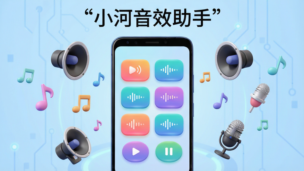 画面主体为一款安卓手机居中放置,手机屏幕亮起显示音效播放界面,界面中排列着多个彩色音效按钮与波形图标,手机周围环绕悬浮着喇叭、音符、麦克风等立体图标,布局采用中心对称构图,背景为浅蓝色渐变科技风格,细节上音效按钮带有微光质感与圆角设计,整体画质清晰干净,无多余杂乱元素,图片上方用引号标注文字“小河音效助手”,风格简洁现代,适合软件下载站展示