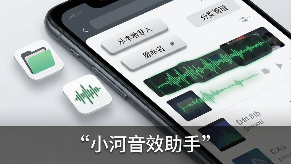 画面主体为安卓手机屏幕特写,屏幕显示自定义音效导入界面,界面中有“从本地导入”“重命名”“分类管理”等按钮与音频文件列表,手机左侧悬浮一个文件夹图标与音频波形图标,布局采用对角线构图,风格为简约商务科技风,细节上按钮带有轻微立体感、音频波形呈绿色高亮,画质清晰干净,图片下方用引号标注文字“小河音效助手”,整体无杂乱元素