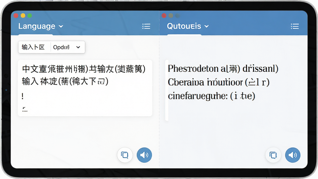 主体为翻译大师应用文本翻译界面,布局为左右对照式双栏排版,排版左侧为中文输入区右侧为英文输出区,风格为扁平化清爽界面风,细节包含语言下拉菜单、复制按钮与朗读图标,画质高清干净无多余干扰元素