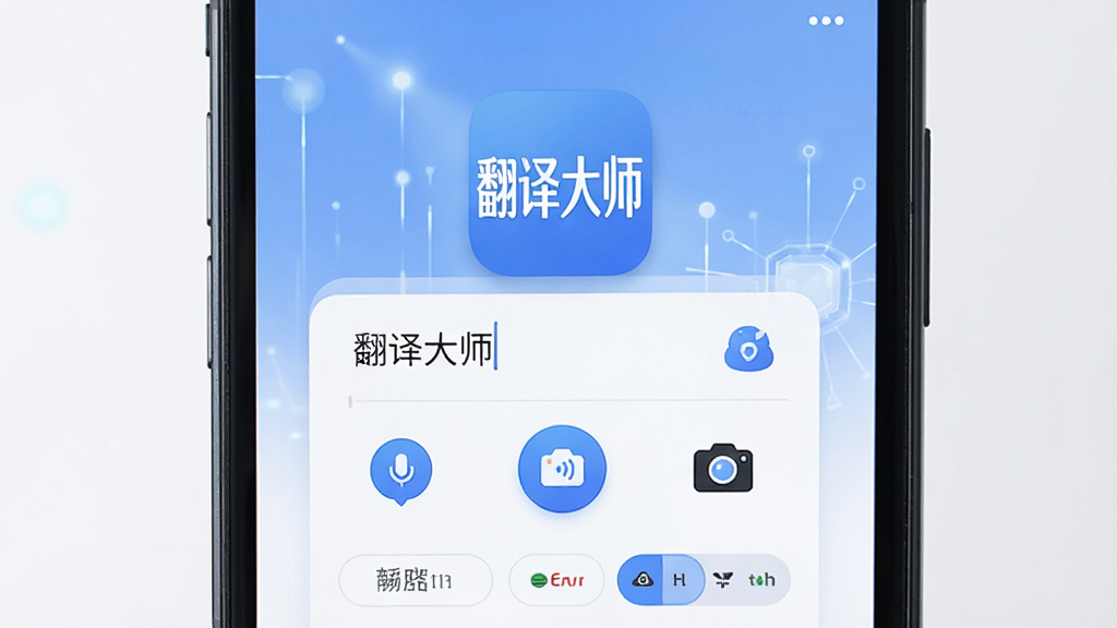 主体为一部智能手机屏幕显示翻译大师应用界面,布局为居中式应用展示,排版为上方软件名称“翻译大师”与下方功能图标排列,风格为清新简约科技风,细节包含文本输入框、语音按钮、相机图标与多语言切换标签,画质清晰干净无多余元素