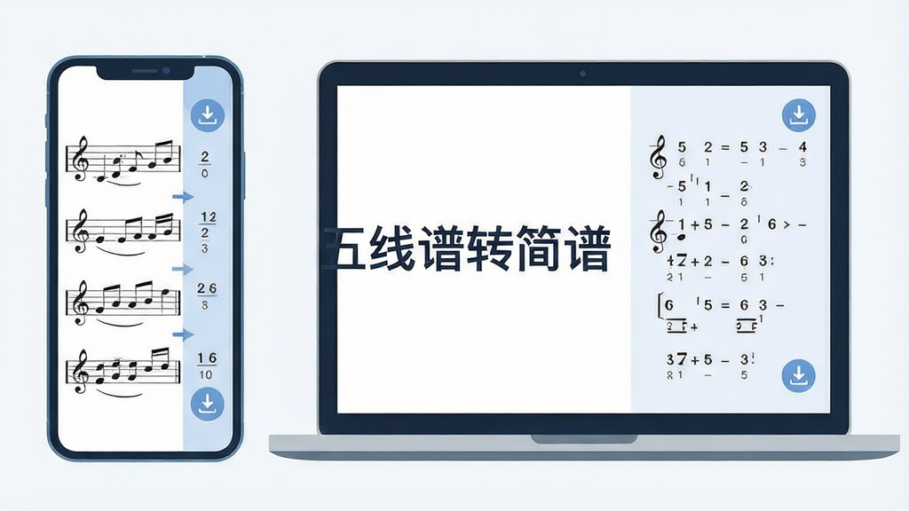 主体为一台智能手机与一台笔记本电脑并排摆放,屏幕中央显示五线谱与简谱数字对照转换界面,布局为左右分屏构图,左侧五线谱右侧简谱,排版居中对称,风格为清爽扁平化科技插画,细节包含音符、节拍数字、下载箭头图标,画面中打文字“五线谱转简谱”,画质高清干净无多余元素