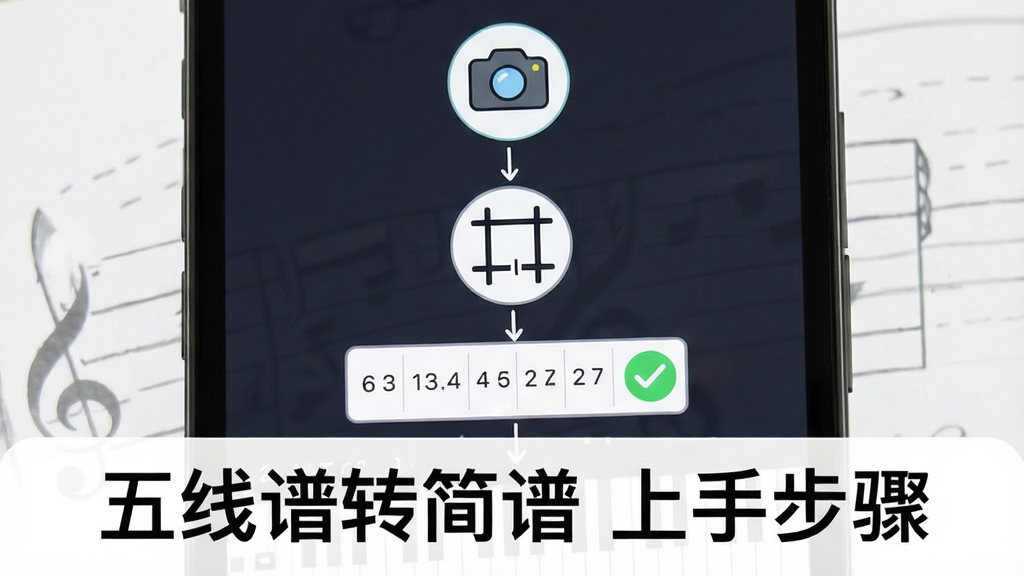 主体为手机屏幕显示五线谱导入与简谱转换步骤界面,布局为上下分步流程图构图,排版三步操作图标纵向排列,风格为清新教程插画,细节包含相机图标、裁剪框、数字简谱结果、对勾标记,画面中打文字“五线谱转简谱 上手步骤”,画质干净清晰无多余元素