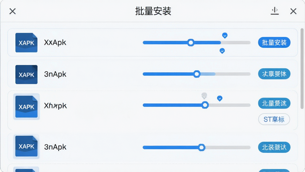 XAPK安装包管理器批量安装队列界面,画面展示多个XAPK文件以列表形式排列,每个文件右侧带有进度条和状态标签,顶部显示“批量安装”标题,界面采用浅色背景搭配蓝色强调色,风格清爽干净,高清画质,无多余装饰元素