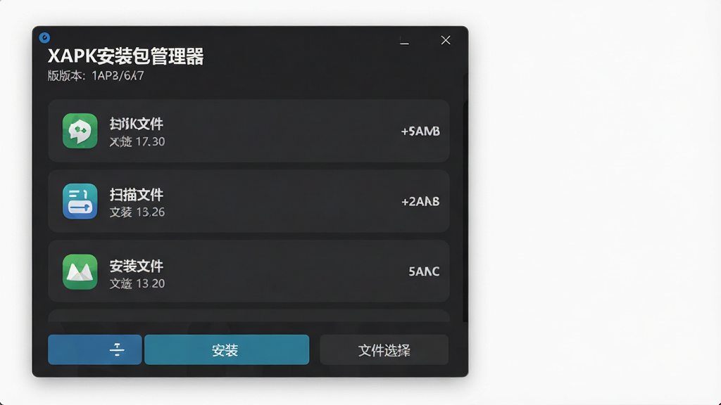 XAPK安装包管理器软件主界面截图,画面中央展示深色主题的卡片式布局,顶部为软件名称“XAPK安装包管理器”和版本信息,中部列出已扫描的XAPK文件列表,每个条目带有图标和大小标注,底部为安装按钮和文件选择入口,整体风格简洁现代,扁平化设计,高清画质,干净无多余元素