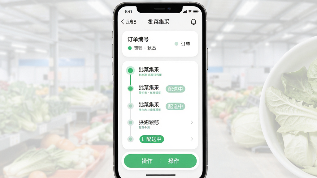“批菜集采”订单进度跟踪界面展示图,主体为手机屏幕中的订单状态时间轴,布局为上方订单编号卡片、中部状态节点列表、底部操作按钮,排版纵向排列,风格为柔和圆角卡片式设计,细节包含“批菜集采”应用名称、绿色状态圆点、配送中标签,画质高清,画面干净,无多余元素