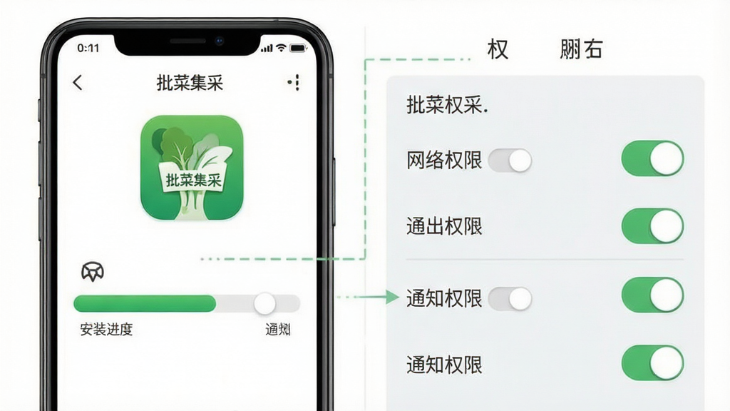 “批菜集采”安卓手机安装与权限设置示意图,主体为手机屏幕展示安装界面与权限开关,布局为左侧安装进度条、右侧权限列表开关,排版左右分栏,风格为简洁教程图示风格,细节包含“批菜集采”应用图标、网络权限开关、通知权限开关,画质清晰,画面干净,无多余元素