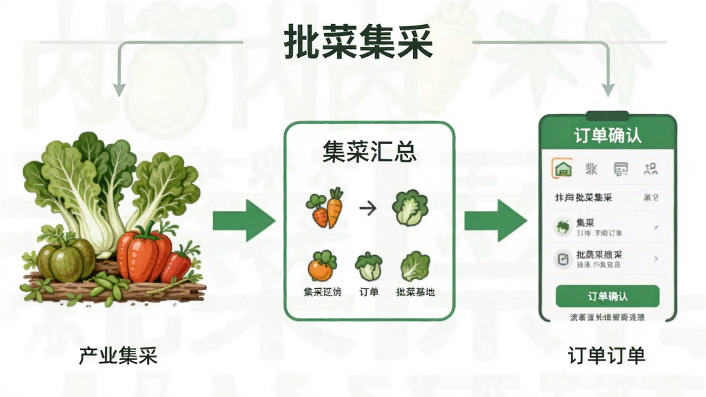 “批菜集采”应用内产地集采流程示意图,主体为从蔬菜基地到集采订单的流程箭头,布局为左侧产地蔬菜插图、中部集采汇总框、右侧订单确认界面,排版横向展开,风格为简洁信息图风格,细节包含“批菜集采”文字标识、蔬菜图标、箭头连接线,画质清晰,画面干净,无多余元素