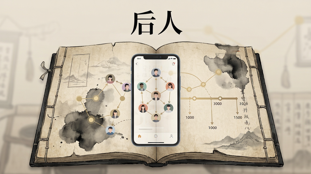 画面中央是一本摊开的线装古籍,书页上浮现半透明的现代手机屏幕轮廓,屏幕内显示人物关系图谱与时间轴线条,主体居中构图,左右留白对称,排版上方为应用名称「后人」四个宋体字,风格为古今融合的插画质感,细节包括纸张纹理、墨迹晕染、淡金色节点连线,画质清晰干净,无多余装饰元素