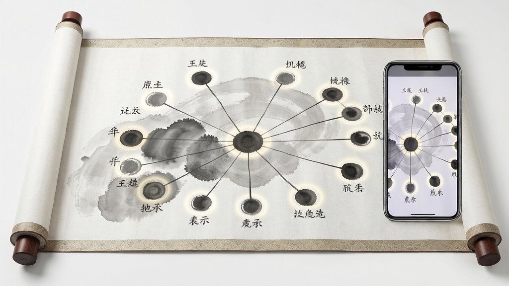 居中构图展示一张展开的宣纸长卷,长卷上绘制由圆形节点与细线构成的人物关系网络,节点旁标注小字姓名,画面右侧放置一部立式手机,手机屏幕与长卷内容相互映照,整体排版上轻下重,风格为淡彩水墨与现代信息图结合,细节包含卷轴木轴、墨色浓淡变化、节点高亮光晕,画质干净清晰,无杂乱背景元素
