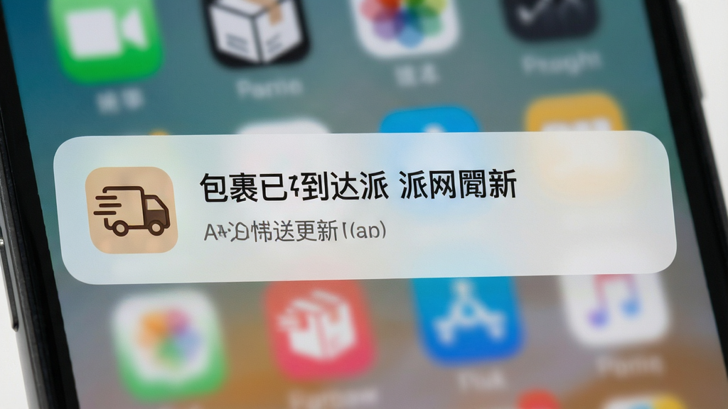 手机通知栏弹出快递物流更新提示卡片,卡片上显示包裹已到达派送网点字样与快递图标,背景为虚化的手机桌面,风格写实简洁,布局突出通知卡片主体,细节清晰,画质高清干净,无多余元素