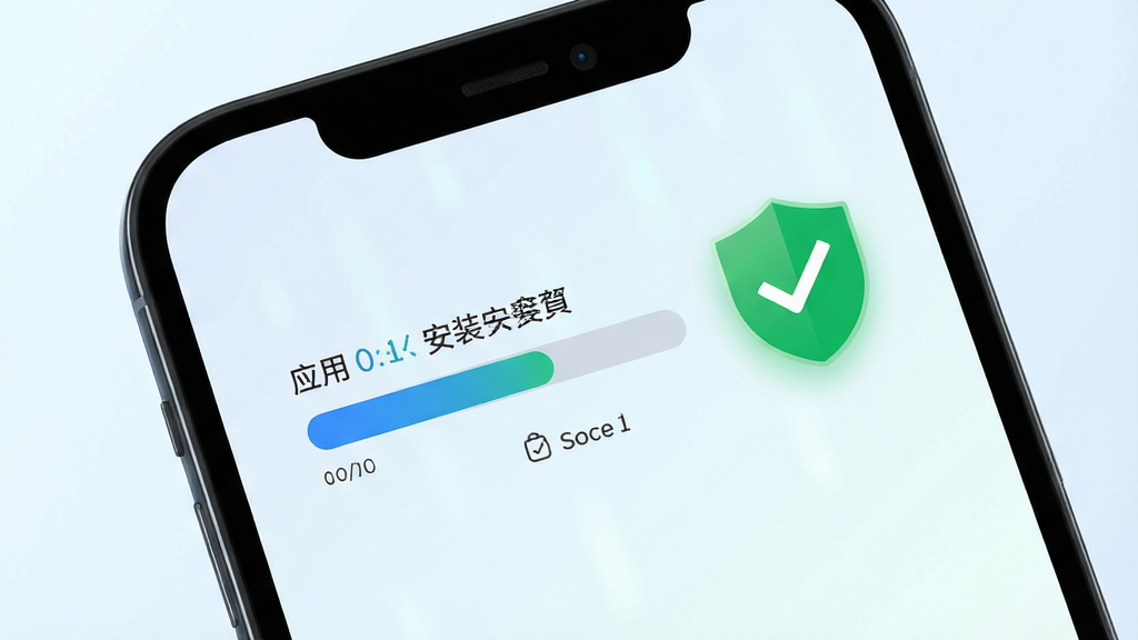 手机屏幕显示应用安装进度条与安全检测通过标识,旁边有绿色盾牌与对勾图标,背景为浅色渐变,风格简洁科技感,布局突出安装完成提示,细节清晰,画质高清干净,无多余元素