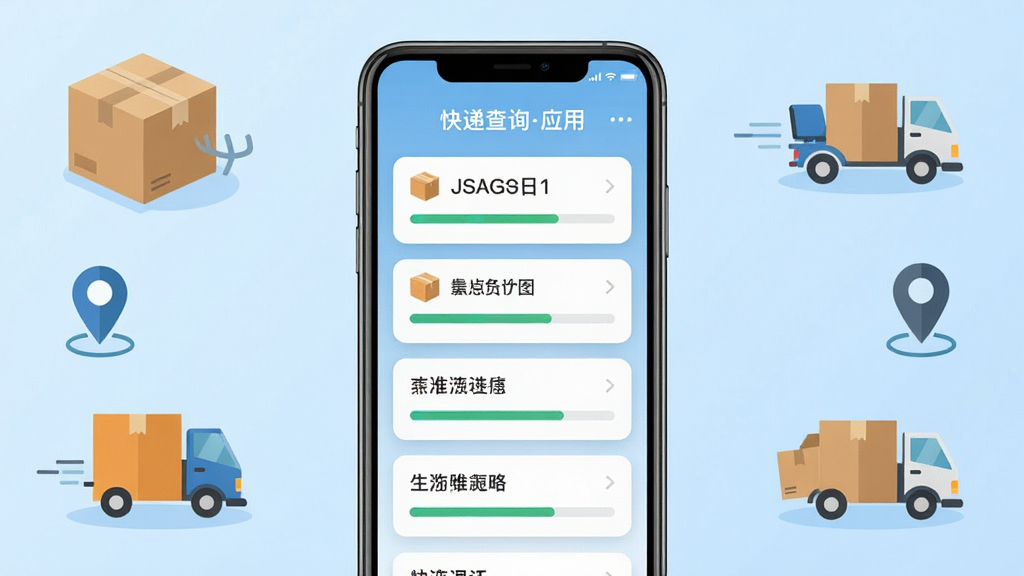 手机屏幕中央展示快递查询全平台应用主界面,界面内整齐排列多个快递单号卡片与物流进度条,背景为浅蓝色渐变,周围环绕包裹纸箱、快递小车、定位图标等扁平化元素,布局居中对称,风格简洁现代科技感,细节清晰锐利,画质高清干净,无多余装饰元素