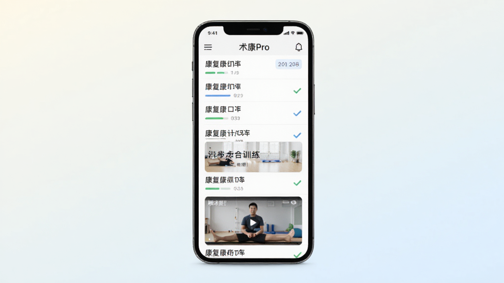 术康Pro手机应用训练计划界面展示,主体为一部竖屏手机,屏幕内显示康复训练列表与视频缩略图,布局居中,背景为浅色渐变,风格简洁现代,细节包含进度勾选与日期标签,画质清晰干净,无多余元素
