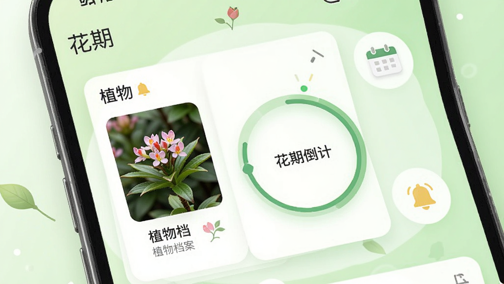 画面展示一款名为“花期”的手机应用界面特写,屏幕中央是植物档案卡片与花期倒计时圆环,旁边有日历图标和铃铛提醒符号,背景为淡绿色渐变,风格简洁明快,细节清晰,画质干净,无多余装饰元素